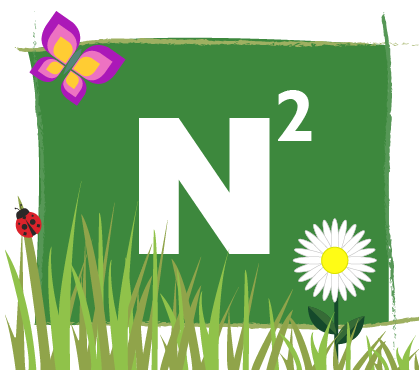 Nature Squared logo - the letter N with a superscript 2 set on a green square with grass, flowers and insects surrounding