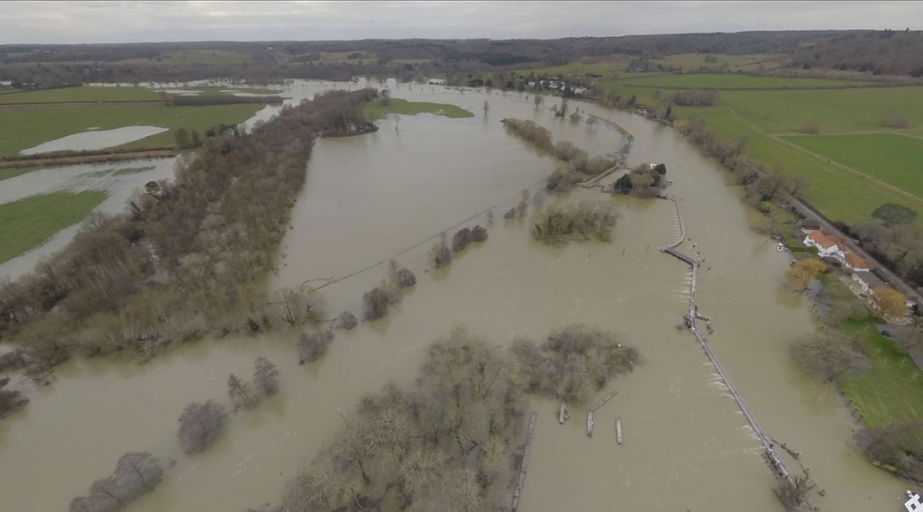 Ariel view of the floods at Hambleden weir looking towards Henley-on-Thames