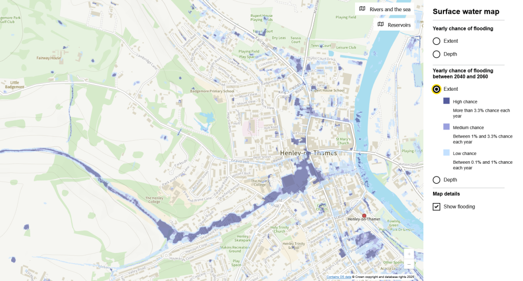 A map showing the likelihood of flooding in central Henley